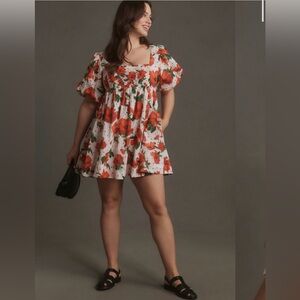 Maeve by Anthropology White Mini Dress with Red Floral Print